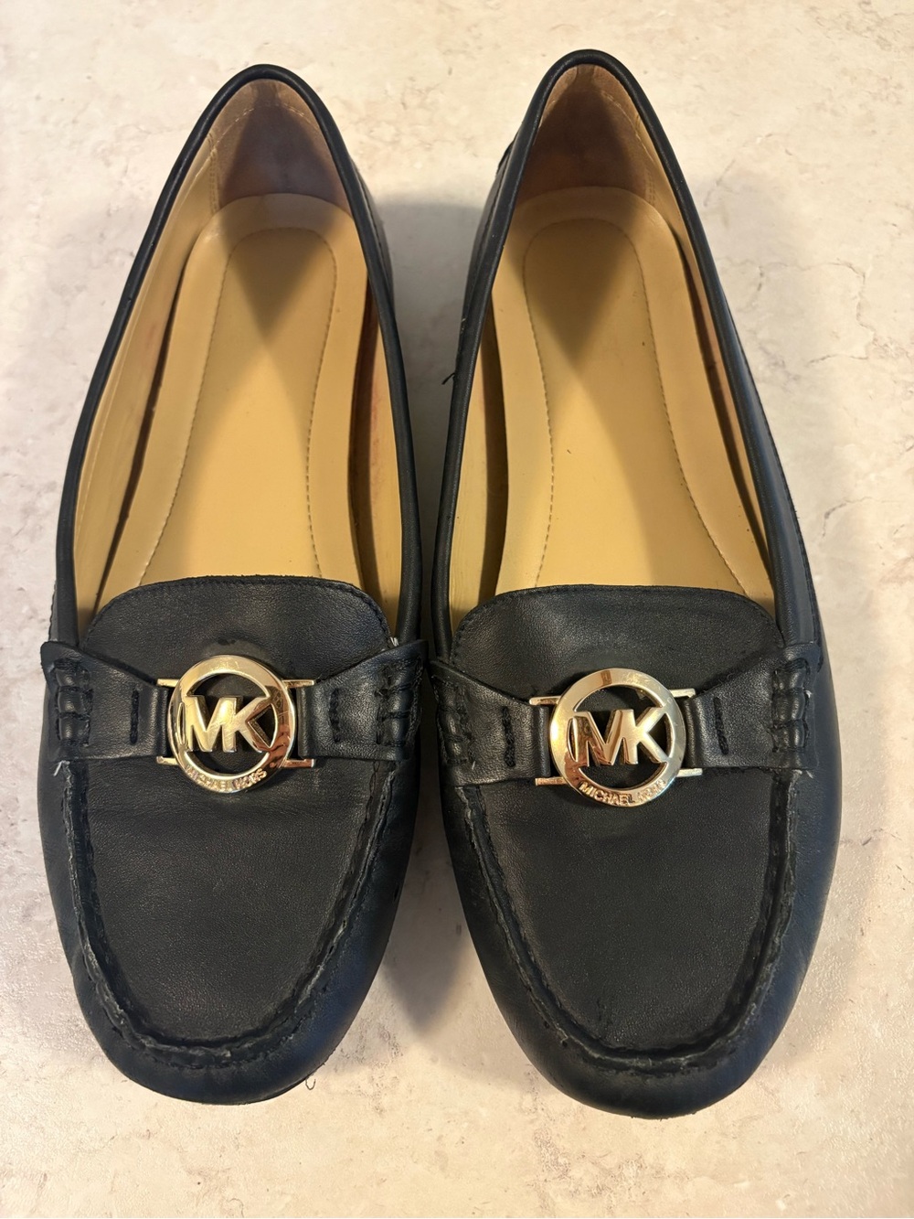 Michael Kors Black Leather Loafers with Gold MK Emblem